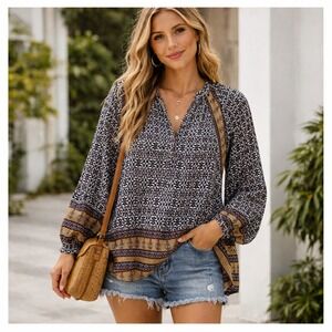 Anthropologie Tylho Boho Peasant Blouse Top Women S Navy Tile Cottagecore NEW